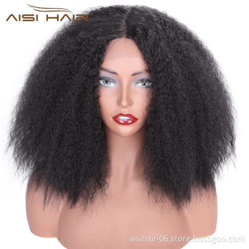 Aisi Hair Short Kinky Fluffy Natural Black Wig Cheap Middle Part Synthetic Lace Front Wig Afro Curly Hair Wigs For Black Women